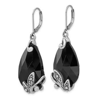 1928 Silver-tone Black Crystal Teardrop Dangle Leverback Earrings — alternate view