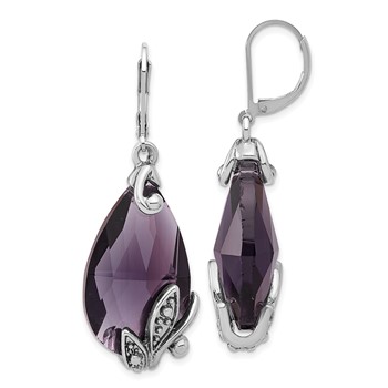 1928 Silver-tone Purple Teardrop Dangle Leverback Earrings