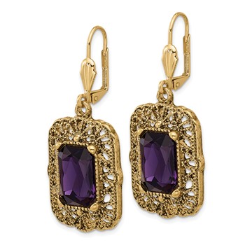 1928 Gold-tone Purple Crystal Square Dangle Leverback Earrings — alternate view