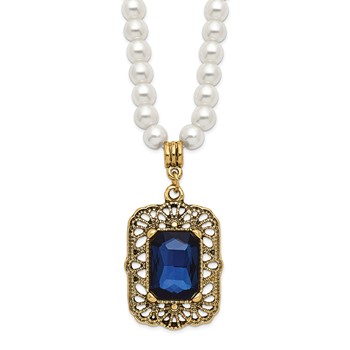 1928 Gold-tone Blue Crystal and Imitation Pearl 15 inch with a 3 inch Extender Drop Pendant Necklace