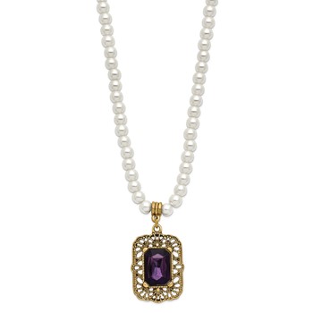 1928 Gold-tone Purple Crystal and Imitation Pearl 15 inch with a 3 inch Extender Drop Pendant Necklace — alternate view