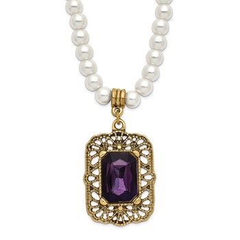 1928 Gold-tone Purple Crystal and Imitation Pearl 15 inch with a 3 inch Extender Drop Pendant Necklace