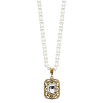 1928 Gold-tone White Crystal and Imitation Pearl 15 inch with a 3 inch Extender Drop Pendant Necklace — alternate view