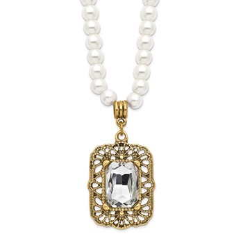 1928 Gold-tone White Crystal and Imitation Pearl 15 inch with a 3 inch Extender Drop Pendant Necklace