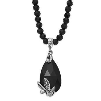1928 Silver-tone Black Crystal and Black Bead  15 inch with a 3 inch Extender Teardrop Necklace