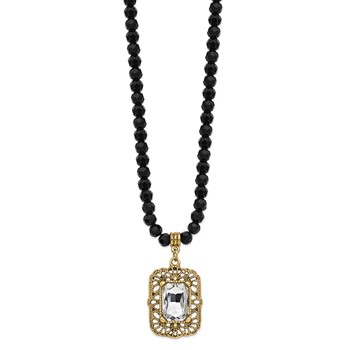 1928 Gold-tone White Crystal Black Bead 15 inch with a 3 inch Extender Drop Pendant Necklace — alternate view