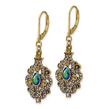 1928 Antique Gold-tone Blue Glass Aurora Borealis Sheen Leverback Dangle Earrings — alternate view