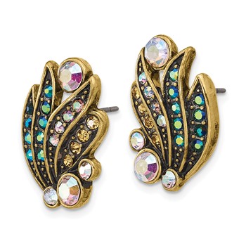 1928 Antique Gold-tone Mirror with Glass Aurora Borealis Stone Petal Post Earrings — alternate view