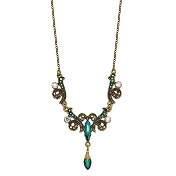 1928 Antique Gold-tone Glass Aurora Borealis Bead Droplet 16 inch with a 3 inch Extender Pendant Necklace — alternate view