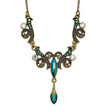 1928 Antique Gold-tone Glass Aurora Borealis Bead Droplet 16 inch with a 3 inch Extender Pendant Necklace