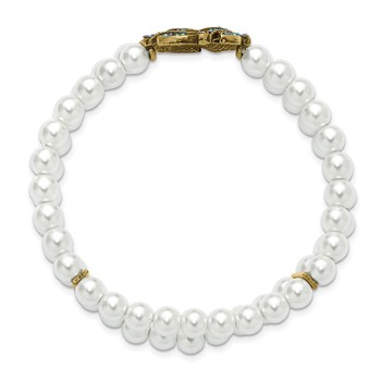 1928 Antique Gold-tone Imitation Pearl and Glass Wreath Stretch Bracelet — alternate view