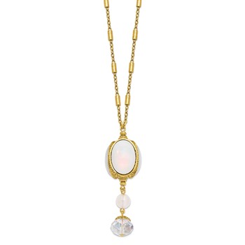 1928 Gold-tone Crystal and Imitation Opal Three Side Spinner Drop 28 inch Necklace — alternate view