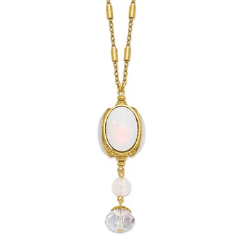 1928 Gold-tone Crystal and Imitation Opal Three Side Spinner Drop 28 inch Necklace