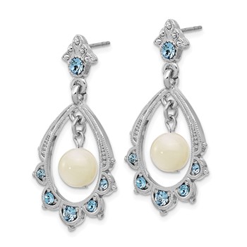 1928 Silver-tone Blue Crystal and Mother Of Pearl Oval Drop Dangle Earrings — alternate view