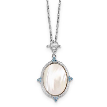 1928 Silver-tone Blue Crystal And Mother Of Pearl 30 inch Oval Pendant Necklace