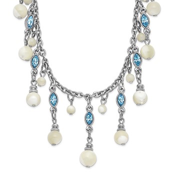 1928 Silver-tone Blue Crystal and Mother Of Pearl 16 inch with a 3 inch Extender Fancy Necklace