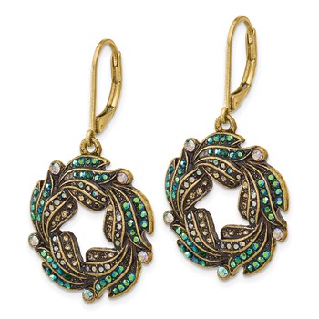 1928 Gold-tone Blue Iridescent Aurora Borealis Glass Wreath Leverback Dangle Earrings — alternate view