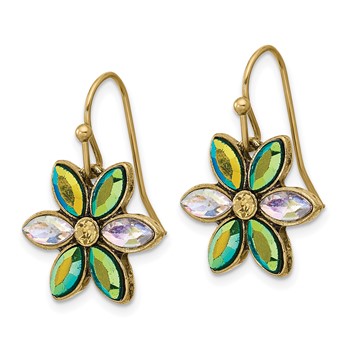 1928 Gold-tone Blue Iridescent Aurora Borealis Glass Stone Flower Dangle Earrings — alternate view
