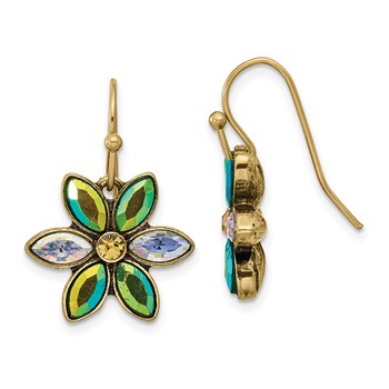 1928 Gold-tone Blue Iridescent Aurora Borealis Glass Stone Flower Dangle Earrings