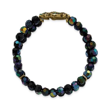 1928 Gold-tone Blue Iridescent Aurora Borealis Glass Wreath and Black Bead Bracelet — alternate view