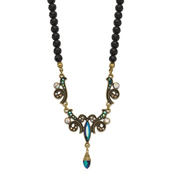 1928 Gold-tone Blue Iridescent Aurora Borealis Glass Stone Black Bead 16 inch with a 3 inch Extender Necklace — alternate view