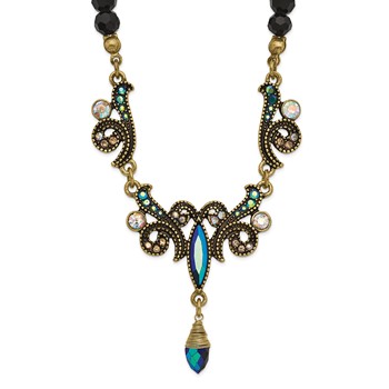 1928 Gold-tone Blue Iridescent Aurora Borealis Glass Stone Black Bead 16 inch with a 3 inch Extender Necklace