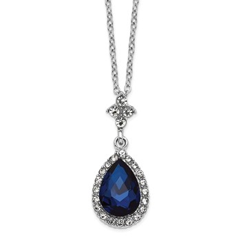 1928 Silver-tone White and Blue Crystal 16 inch with a 3 inch Extender Teardrop Pendant Necklace