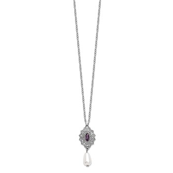 1928 Silver-tone Purple Crystal with Imitation Pearl Drop 16 inch with a 3 inch Extender Necklace — alternate view