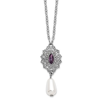 1928 Silver-tone Purple Crystal with Imitation Pearl Drop 16 inch with a 3 inch Extender Necklace