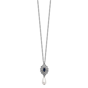 1928 Silver-tone Blue Crystal with Imitation Pearl Drop 16 inch with a 3 inch Extender Necklace — alternate view