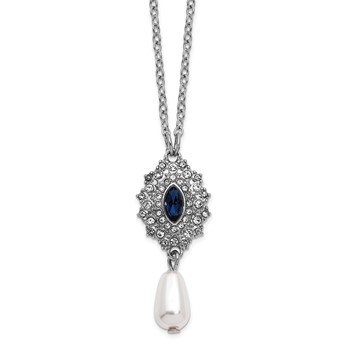 1928 Silver-tone Blue Crystal with Imitation Pearl Drop 16 inch with a 3 inch Extender Necklace
