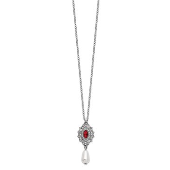 1928 Silver-tone Red Crystal with Imitation Pearl Drop 16 inch with a 3 inch Extender Necklace — alternate view