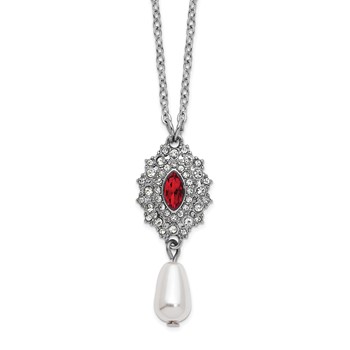 1928 Silver-tone Red Crystal with Imitation Pearl Drop 16 inch with a 3 inch Extender Necklace