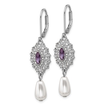 1928 Silver-tone Purple Crystal with Imitation Pearl Dangle Leverback Earrings — alternate view