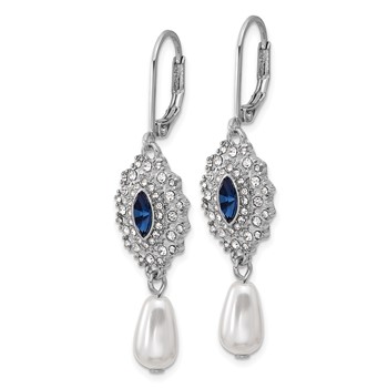 1928 Silver-tone Blue Crystal with Imitation Pearl Dangle Leverback Earrings — alternate view