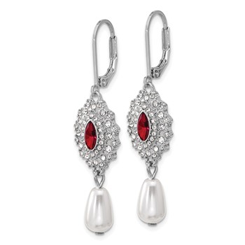 1928 Silver-tone Red Crystal with Imitation Pearl Dangle Leverback Earrings — alternate view
