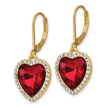 1928 Gold-tone White and Red Crystal Heart Dangle Leverback Earrings — alternate view