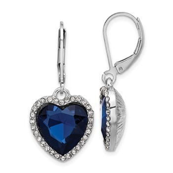 1928 Silver-tone White and Blue Crystal Heart Dangle Leverback Earrings