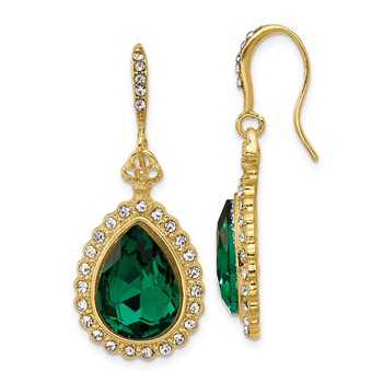 1928 Gold-tone White and Green Crystal Teardrop Dangle Earrings