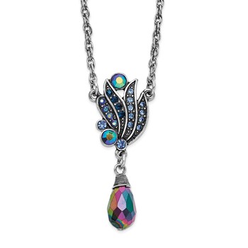 1928 Silver-tone Blue Crystal and Iridescent Aurora Borealis Stone Drop 16 inch with a 3 inch Extender Necklace