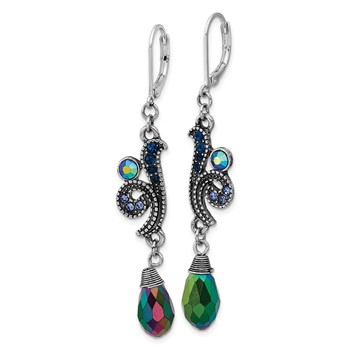 1928 Silver-tone Blue Crystal and Iridescent Aurora Borealis Bead Dangle Leverback Earring — alternate view