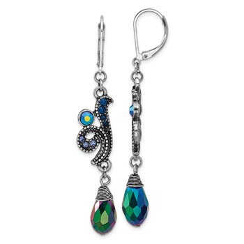 1928 Silver-tone Blue Crystal and Iridescent Aurora Borealis Bead Dangle Leverback Earring