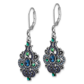 1928 Silver-tone Blue Crystal and Iridescent Aurora Borealis Stone Dangle Leverback Earrings — alternate view