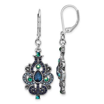 1928 Silver-tone Blue Crystal and Iridescent Aurora Borealis Stone Dangle Leverback Earrings