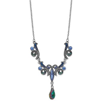 1928 Silver-tone Blue Crystal and Iridescent Aurora Borealis Drop Pend 16 inch with a 3 inch Extender Necklace — alternate view