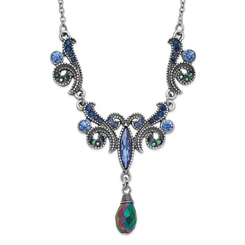 1928 Silver-tone Blue Crystal and Iridescent Aurora Borealis Drop Pend 16 inch with a 3 inch Extender Necklace