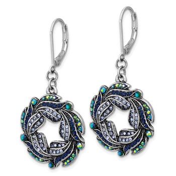 1928 Silver-tone Iridescent Aurora Borealis and Blue Crystal Wreath Leverback Dangle Earrings — alternate view