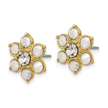 1928 Gold-tone Imitiation Opal and Crystal Flower Post Earrings — alternate view