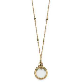 1928 Jewelry Burnished Brass-tone Light and Dark Green Crystal 2X Magnifying Glass 30 inch Vintage Necklace — alternate view