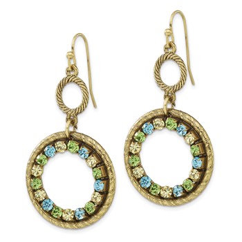 1928 Jewelry Brass-tone Textured Frame Blue Green and Light Colorado Crystal Double Circle Dangle Earrings — alternate view